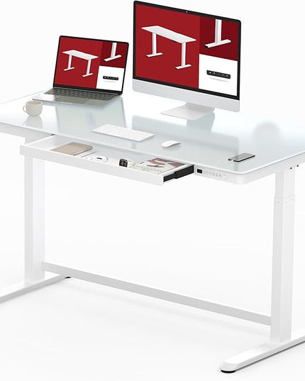 SANODESK Standing Desk with Drawer, Electric Height Adjustable Home Office Desk with Storage & USB Ports, 48 inch Tempered Glass Tabletop/White Frame