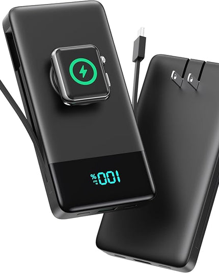 FOCHEW Portable Charger for iPhone with Built in Cables & Wall Plug,6-in-1 10800mah Power Bank with iWatch Charger, QC4.0+25W PD Fast Charging LCD Display Battery Pack for iPhone 16/15/14,Android
