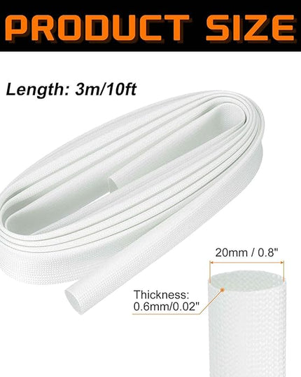 MECCANIXITY 10ft Braided Cable Sleeve, 0.8" ID 200C High Temperature 1500V Fiberglass Wire Insulation Cord Protector Organizer Wires Management for Motor Engine Fuel Line, White