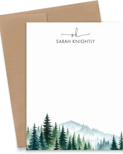 Personalized Tree Watercolor Note Cards With Envelopes, FLAT Stationery Monogram Notecards With Trees, Custom Monogrammed Nature Stationary Set With Initials, Your Choice Of Colors And Quantity