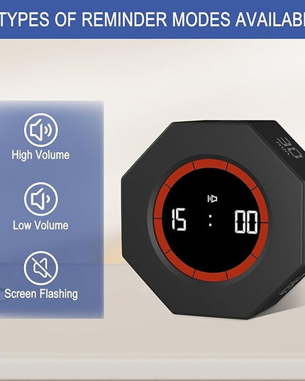 GuDoQi Digital Productivity Timer, Octagon Rotating Pomodoro Timers with Gravity-sensor, 1-3-5-15-30-60-90 Min Countdown, Portable Adjustable Sound Alert Multi Desk Timer or Study Task, Kitchen, Black