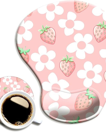 Ergonomic Mouse Pad with Wrist Support,Mouse Pad with Wrist Rest and Coaster Set,Office Supplies Non-Slip Mouse Pads for Desk, Non-Slip Comfortable,Pink Floral Kawaii