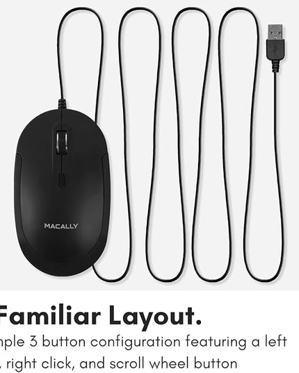 Macally Computer Mouse Wired, Silent USB Mice - Slim & Compact USB for Apple Mac or Windows PC Laptop/Desktop - Designed with Optical Sensor & DPI Switch - Simple - Black