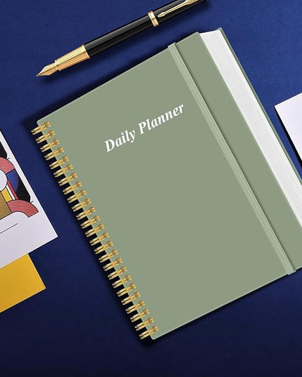 Daily Planner Undated - A4 To Do List Notebook Hourly Schedules, Spiral Appointment Planner for Women and Men,PVC Hardcover, Inner Pocket, Elastic Closure, 8.5" x 11", Green