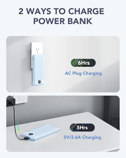 VRURC Portable Charger Built-in Cables and AC Wall Plug, USB C Power Bank 10000mAh, Travel Essentials Phone Charger Compact Lightweight External Battery Pack for Smart Phones, Tablets etc-Blue