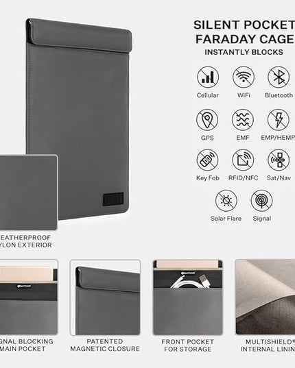 SLNT Faraday Bag Tablet Sleeve with Silent Pocket - Leather or Weatherproof Nylon, Signal Blocking Device Shielding for iPad, Samsung Galaxy Tab, Most Tablets, Privacy (Charcoal Grey Nylon, Large)