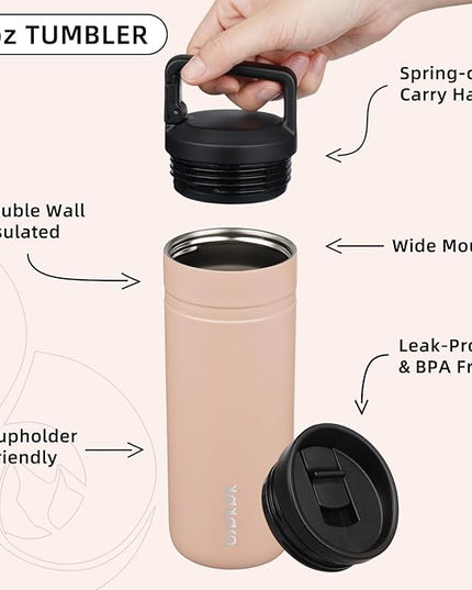 BJPKPK Insulated Water Bottle with 2 Lids,20 oz Double Wall Stainless Steel Vacuum Tumbler Travel Coffee Mug,Wide Mouth Thermal Cup,Peach
