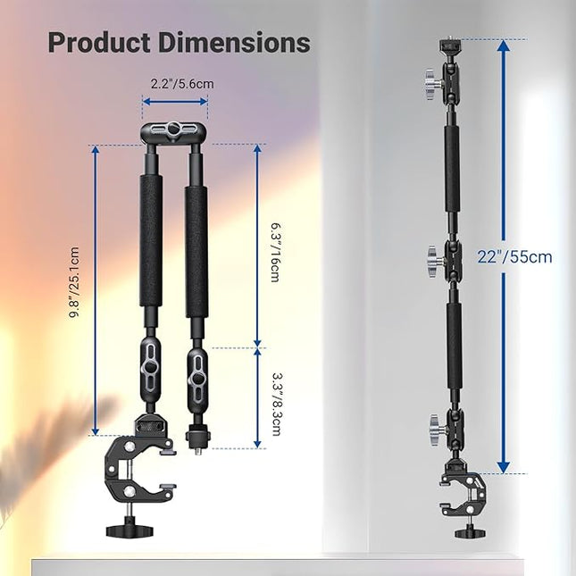 NEEWER 22" Magic Arm w Desk C Clamp, Overhead Camera Mount with Articulating Mic Boom Arm 1/4" 3/8" Threads for ARRI, Desktop Stand Holder for Phone Microphone Webcam Action Camera Video Light, UA057
