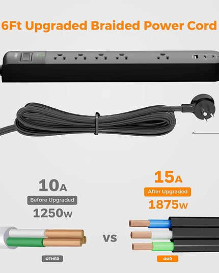 6Ft Power Strip Surge Protector - Addtam Extension Cord with 5 AC Outlets 3 USB Ports(2 USB C), 1875W/15A, Flat Plug, Outlet Extender for Home Office Supplies College Dorm Room Essentials,ETL Listed