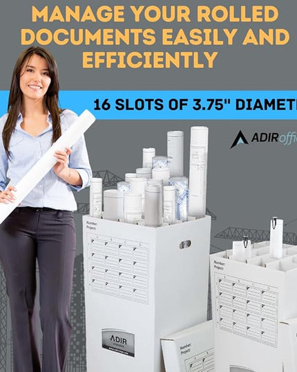 Adir Cardboard Roll File Storage Organizer - Vertical File Sorter - Blueprint, Poster, Plans, Gift Wrap, And Map Holder Station-16 Slots (for Rolls up to 25 Inches Long)