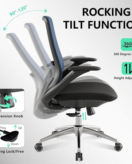 Ergonomic Office Chair, High Back Mesh Desk Chair with Lumbar Support, 360° Swivel & Slide-Adjustable Arms, Tilt Lock and Recline, Breathable Task Chair for Home Office & Gaming (Blue)