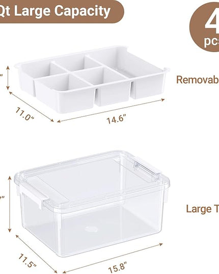 80Qt Stackable Storage Bins with Lids & Trays, Clear Plastic Latching Boxes Organizers with Dividers Portable 20Gal Containers for Arts & Crafts, Home and Car Trunk Organization, 4Pack