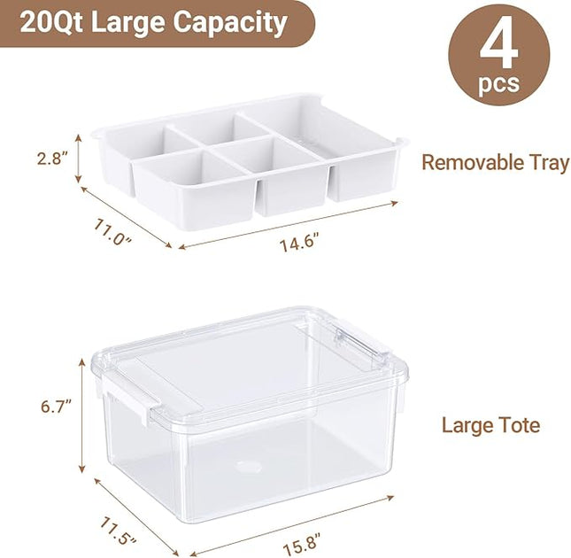 80Qt Stackable Storage Bins with Lids & Trays, Clear Plastic Latching Boxes Organizers with Dividers Portable 20Gal Containers for Arts & Crafts, Home and Car Trunk Organization, 4Pack