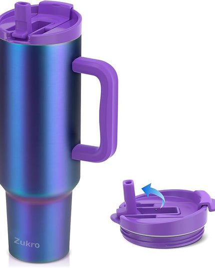 Zukro 50 oz Tumbler With Handle and Flip Straw, Leak Proof Lid, Double-Wall Stainless Steel Water Bottle for Home, Oiffce, Work, Large Vacuum Insulated Travel Cup Fit in Cupholder, BPA-Free, Aurora