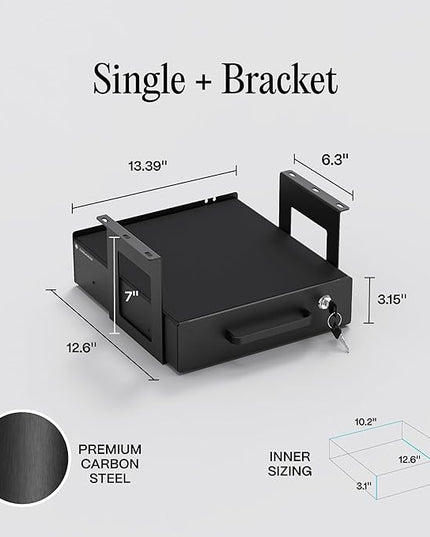 Under Desk Drawer Slide-Out – Lockable Metal Storage Drawer with Cable Management for Office & Home (Single, Bracketed)
