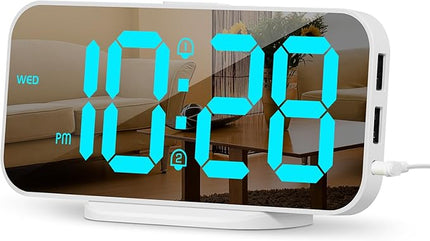 ALANAS Mirror Digital Alarm Clock, Dual Alarms with Snooze, 4-Level Dimmer, 2 USB Ports, Plug in Modern Alarm Clock for Bedrooms (Blue Digit)