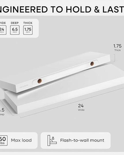 Homeforia White Floating Shelves 24 inch, High End Solid Real Wood 24inch Bathroom Floating Shelf for Wall Mounted, White Wooden 24in Floating Shelves, Heavy Duty Bracket, 24 X 6.5 X 1.75 in, Set of 2