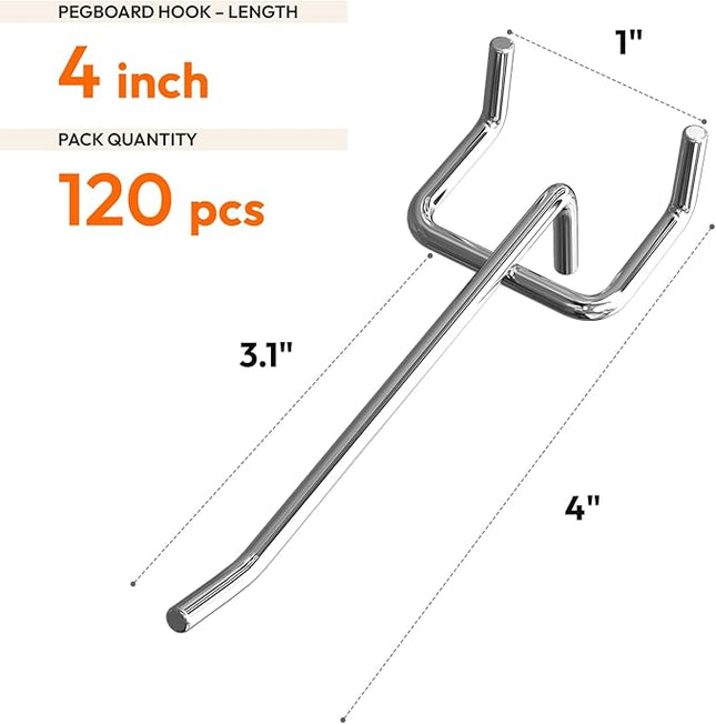 120 Pack 4 Inch Metal Pegboard Hooks, Fit 1/4 in and 1/8 in Peg Board Organizer Accessories, for Hanging Storage, Garages, Tool Sheds, Basements