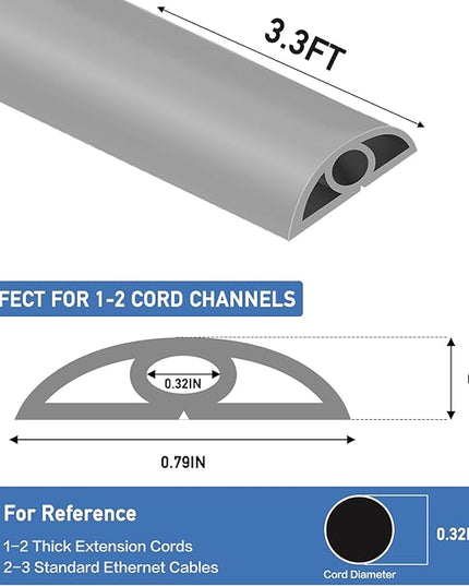 Floor Cord Cover Self Adhesive Cord Hider Floor Extension Cord Covers for Floor Power Cord Protector Cable Management Prevent Cable Trips Cable Cavity 0.32" W x 0.32" H (Grey, 3.3Ft)