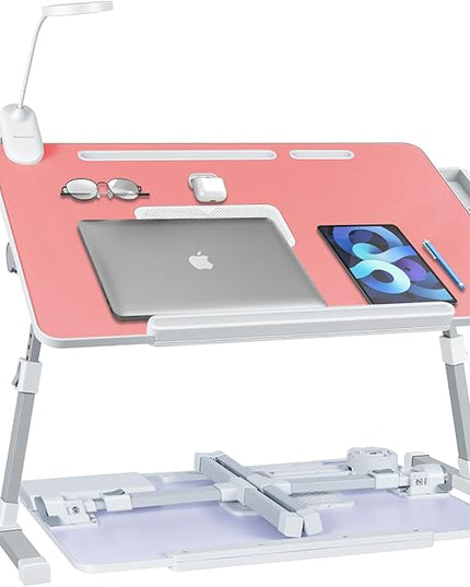 iXTRA Laptop Lap Desk with Cooling Fan - Adjustable Bed Desk with Light, Bed Table with Cup Holder&Phone Holder - Storage Drawer Desk - Folding Bed Desk,Pink,70x45cm