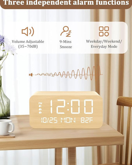 Digital Alarm Clock, with Wooden Electronic LED Time Display, 3 Alarm Settings, Humidity & Temperature Detect, Wood Made Electric Clocks for Bedroom, Bedside (Yellow-Wireless)