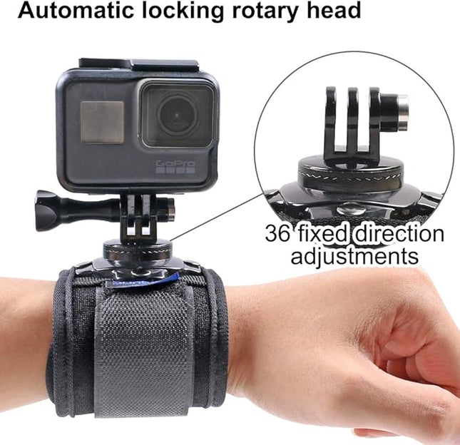 Wrist Strap Mount, 360° Rotating Arm Mount Strap Compatible with GoPro Hero 13/12/11/10/9/8/7//6/5 Black,DJI Action 6/5 pro/4/3,Insta 360 ONE R,AKASO/Campark and More Action Cameras