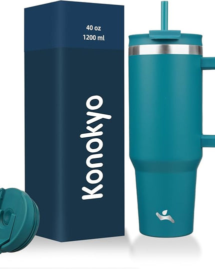 40 oz Tumbler with Handle and 2 Straws,2 in 1 Lid Insulated Water Bottle Stainless Steel Travel Coffee Mug,Blue