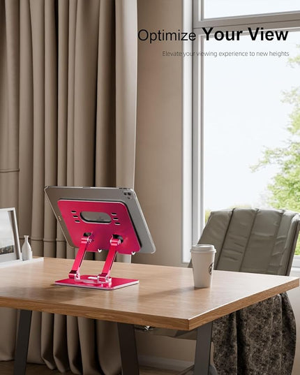 Tablet Stand Holder with Thickened 360°Rotating Base Dual Rod Adjustable Aluminum Stand for All 5.8-12.9” iPad Samsung Phone Tablet Kindle E-Reader and More, Red