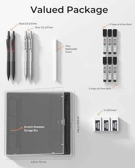 Nicpro 4 PCS Metal Mechanical Pencil Set 0.5 mm & 0.7mm with Case, Artist Pencil MP1000 with 6 Tubes HB Lead Refill, 3 Eraser, 9 Eraser Refill For Art Writing Drafting Drawing,Black & Silver