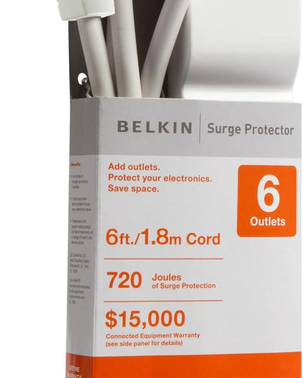 Belkin 6-Outlet SlimLine Power Strip Surge Protector, 6ft Cord and Rotating Plug, 700 Joules, White