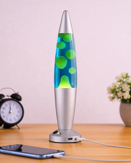 JAMBO 16-Inch Beautiful Lamp with Wax, Relaxing Night Light Home Decor, Extra Tall, Living Room Office Bedroom Lamp for Adults, Teens, Kids (USB, Auto Shut Off, Silver Base, Blue Liquid, Yellow Wax)