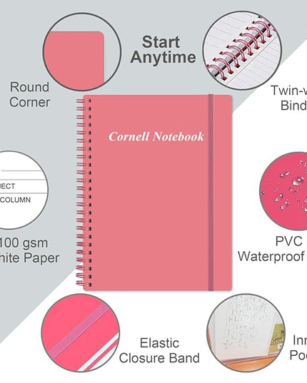 Yaridar A4 Cornell Notes Notebook - College Spiral Cornell Notebooks for Note Taking, Subject Ruled Steno Pads for Office/School/College/Home, 8.5" x 11", Pink