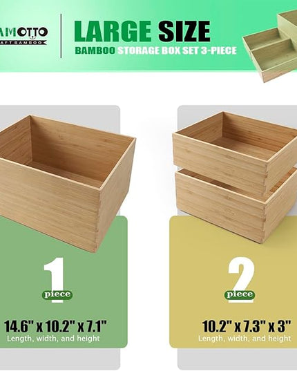 3-Piece Large Bamboo Storage Box Set, 7.1 in High Stackable Deep-Drawer Organizer for Kitchen Cutlery, Utensils & Knives, Exquisite and Durable Lidless Wooden Bin (14.6"x10.2x7.1"*1+10.2"x7.3"x3"*2)