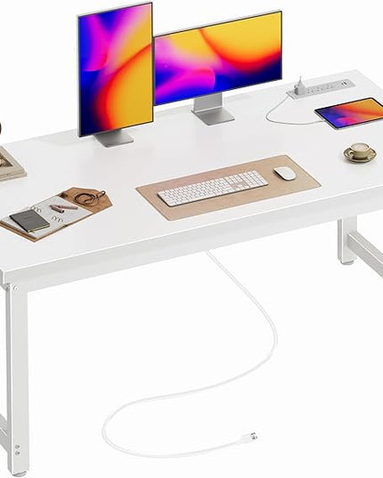 Huuger 55 x 24 inch Desk with Power Outlets & USB-C, Deeper & Thicker Desktop, Robust Metal Tubes, Computer Desk, Heavy Duty Office Desk, Work Gaming Desk for Home Office, White