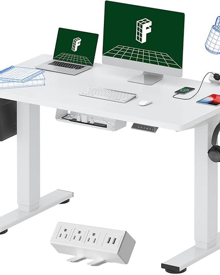 FLEXISPOT EN2 Whole-Piece Standing Desk with Clamp Power Strip, 48x24 Electric Stand Up Height Adjustable Desk with Cable Management (White Frame + 48" White Top)