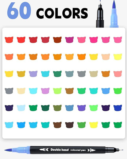60 Colors Dual Tip Brush Pens, Fine Felt Tip and Brush Tips Colored Pens for Adults, Coloring Markers for Coloring Book Bullet Journaling Note Taking Hand Lettering