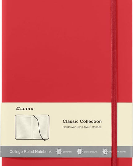 Comix Lined Journal Notebook for Women Men, Journaling Notebooks for Office School Home, 240 Pages, 5.5" x 8.3", College Ruled, A5, Hardcover, Red