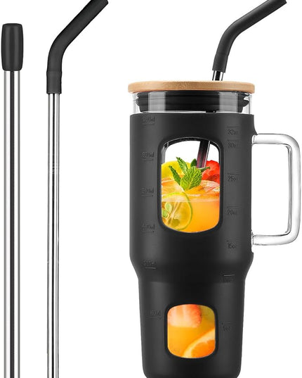 Glass Tumbler with Lid, 32 oz Glass Cup with Handle, Glass Water Bottles with Time Marker, 2 Straws - Pearl Straw & Silicone Protective Sleeve - Black