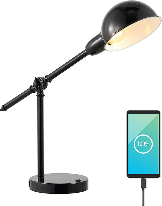 JONATHAN Y JYL7123A 20.25" Industrial Desk Lamp with USB Port, Vintage Black Metal Task Lamp with Adjustable Dome Shade for Home Office Reading, Bedside Nightstand Lamp for Bedroom, LED Bulb Included