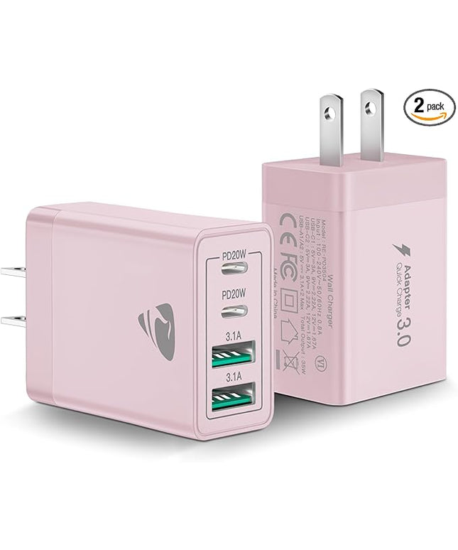 40W USB C Charger Cube, 2-Pack Fast Charging Block, 4-Port QC Wall Plug +PD 3.0 Power Adapter Multiport Brick Type C Charger Block for iPhone 15/15 Pro/15Plus/14/14 Pro/13/12/11,iPad, Airpods,Samsung