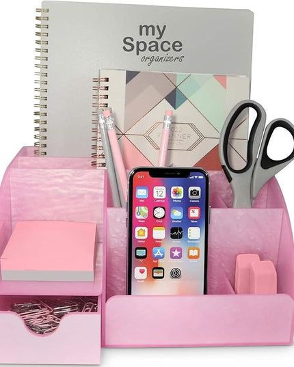 Pink Desk Organizer Office, Acrylic, with Drawer, 9 Compartments, Supplies and Cool Desk Accessories Organizer, Desktop Pen Holder (Pink)