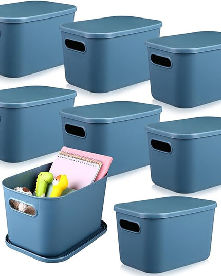 Hoolerry 8 Pieces Colorful Storage Bins with Lid, Plastic Storage Basket Organizing Container Stackable Box with Handle for Shelves Desktop Playroom Office(10.2 x 7 x 6.3 Inch,Blue)