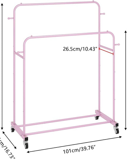 Laiensia Double Rods Garment Rack with Wheels, Clothing Rack for Hanging Clothes,4 Hooks, Multi-Functional Bedroom Clothes Rack, Pink