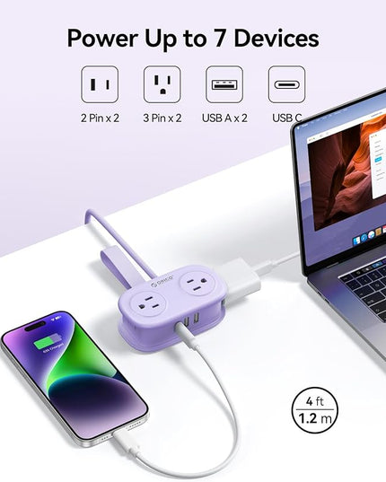 ORICO 4FT Purple Travel Power Strip with 4 AC Outlets, 2 USB-A Ports, and 1 USB-C Port, 45° Flat Plug Extension Cord with Non Surge Protector for Travel/Home/Dorm/Office-AP3