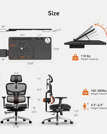Newtral Office Chair Ergonomic - Home Office Desk Chair, Big and Tall Office Chair, Auto-Following Lumbar Support for Back Pain, Adjustable Seat Depth and Height (with Footrest + Laptop Tray, Black)