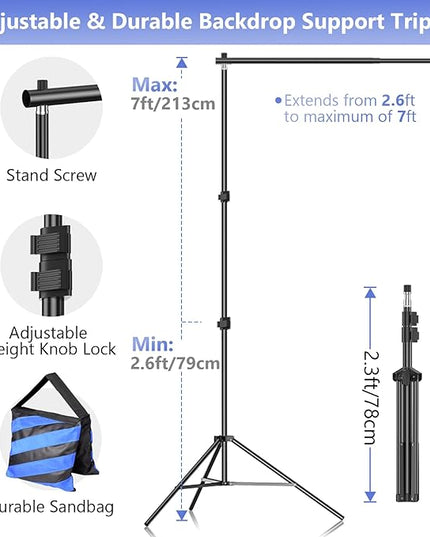 EMART Photo Video Studio Backdrop Stand Kit, 7×10ft Adjustable Photography Support System with Polyester Background(Black/White/Green Screen), Spring Clamps and Carry Bag for Photoshoot