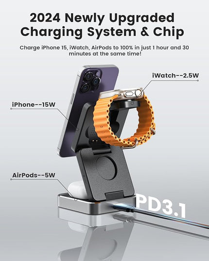 3-in-1 Wireless Charger for iPhone,15W Fast Wireless Charging Station Compatible with Mag-Safe Charger,Magnetic Foldable Travel Charger Stand Nightstand for iPhone 17/16/15/14,Apple Watch&AirPods