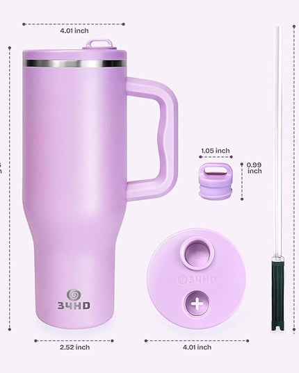 34HD 40 oz Stainless Steel Tumbler - Leakproof Insulated Water Bottle with Handle, Magnetic Lid and Flexible Straw - Iced for 48 Hours – Perfect for Men, Women, Birthday Gift, Purple - Lilac Bloom