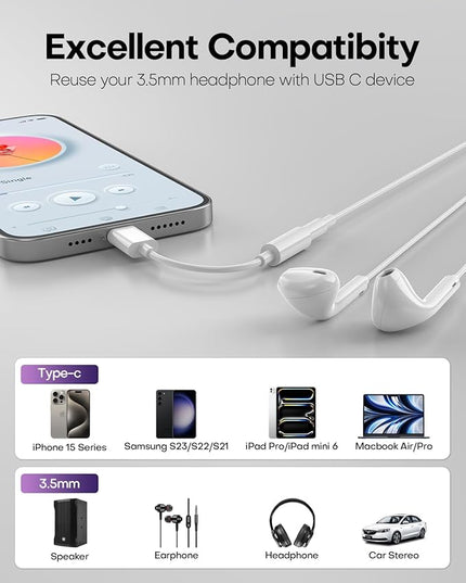 USB C to 3.5mm Audio Headphone Jack Adapter (2Pack), Aux to USB C Dongle Cord Cable Compatible with iPhone 17/16/15, iPad Pro, Samsung Galaxy S25 S24 S23 Ultra/Google Pixel - White