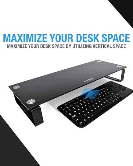 Eutuxia Type-S Black Tempered Glass Monitor Stand, TV, Laptop, Computer, All-In-One Desktop, Printer Riser [21.75 x 8.25 x 3.25 Inches]